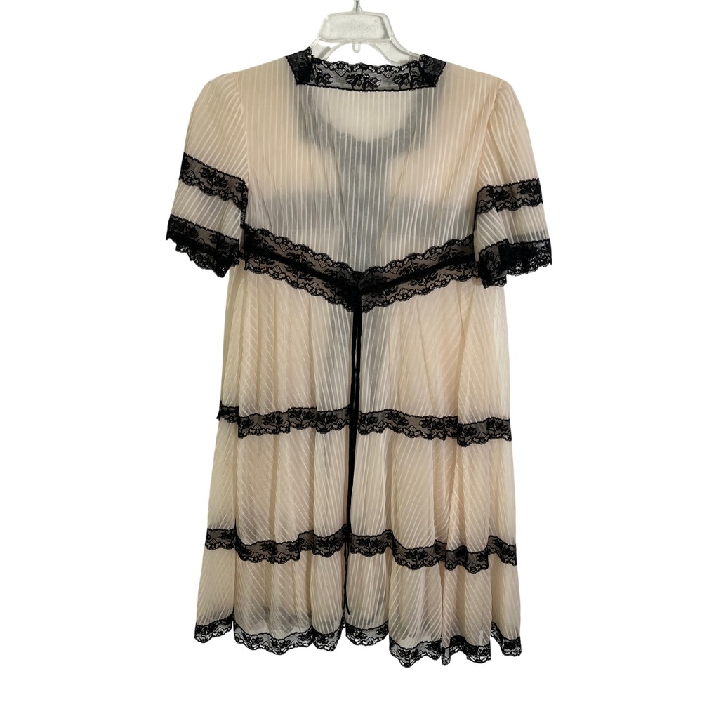 VINTAGE 60s VANITY FAIR Peignoir Set Black Lace Pleated Chiffon Robe Nightgown - Picture 10 of 16